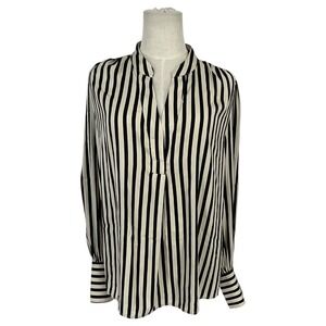 Banana Republic Womens Black Beige Striped V-Neck Blouse Long Sleeve Size L NWT
